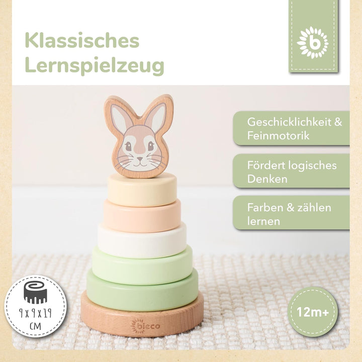 Bieco Hase Fine Stapelturm Baby Holz FSC® 19 cm Steckspiel ab 1 Jahr 7 tlg. Green Mix 10 x 10 x 18.5
