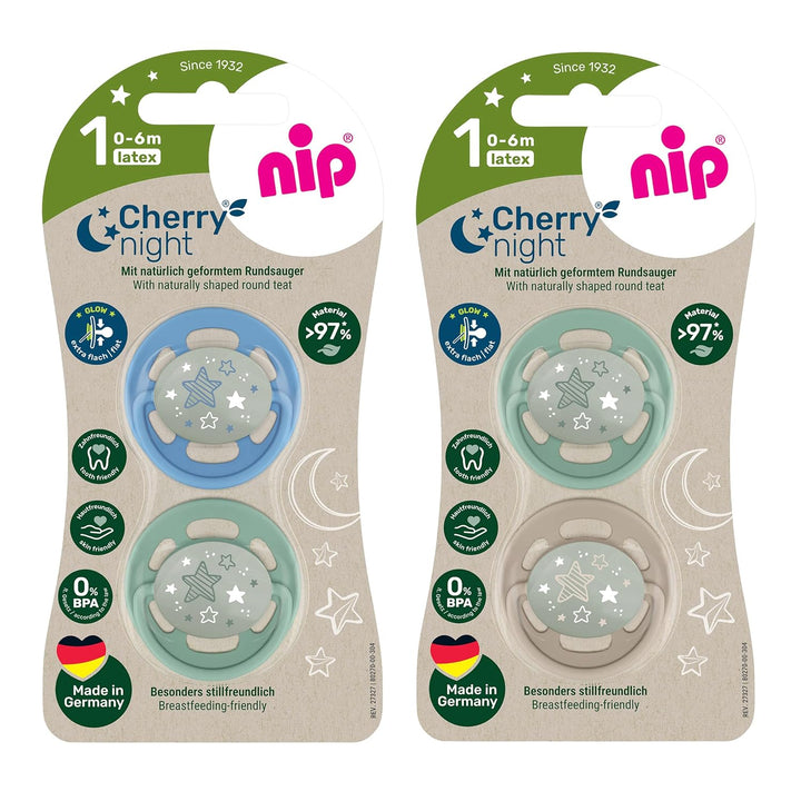 Jetzt noch zahnfreundlicher: nip Cherry Schnuller, leuchtet im Dunkeln, flacher Sauger in Kirschform