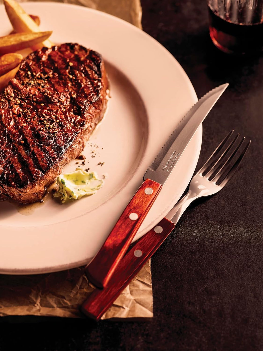 Tramontina Steakmesser, Pizzamesser, Set 6-teilig, 6 Steakmessern aus Edelstahl, Holzgriff rot FSC E