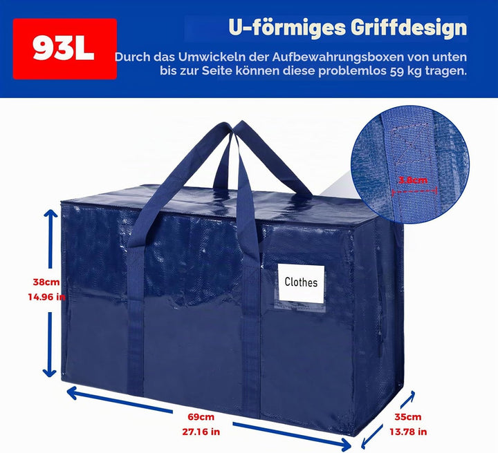 Umzugstaschen 93 L, 4er-Pack Aufbewahrungstaschen mit Reissverschluss, Umzugstaschen Heavy Duty Extr