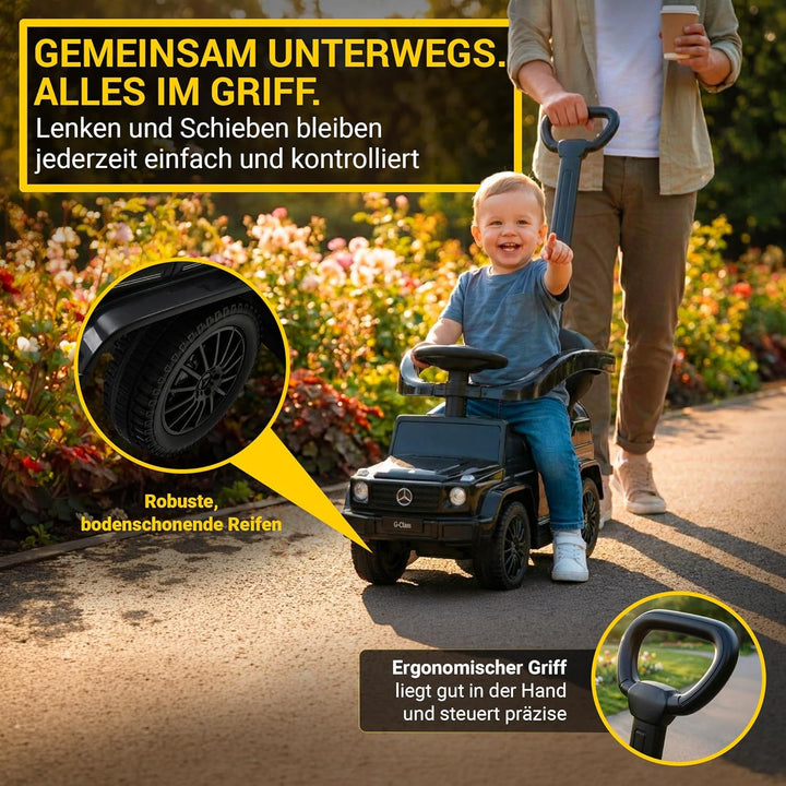 Actionbikes Motors Lauflernwagen Mercedes G350d | Rutschauto mit Schiebestange Schutzbügel Sonnendac