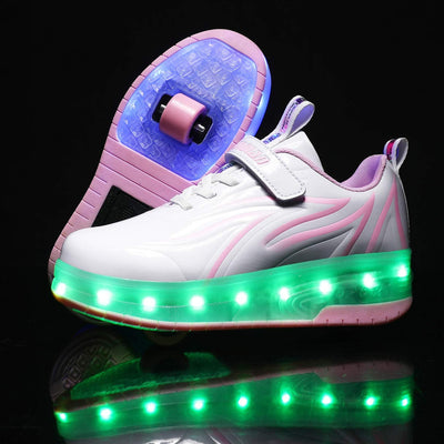 Sily Life Unisex Kinder USB Wiederaufladbar/LED Licht Skateboardschuhe mit Doppelrad Rollen/Fitnesss