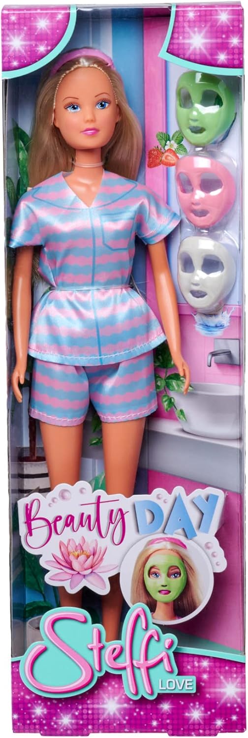 Simba Steffi Love Beauty Day, Spielpuppe im modischen Pyjama mit Gesichtsmasken und Slippers, 29cm,