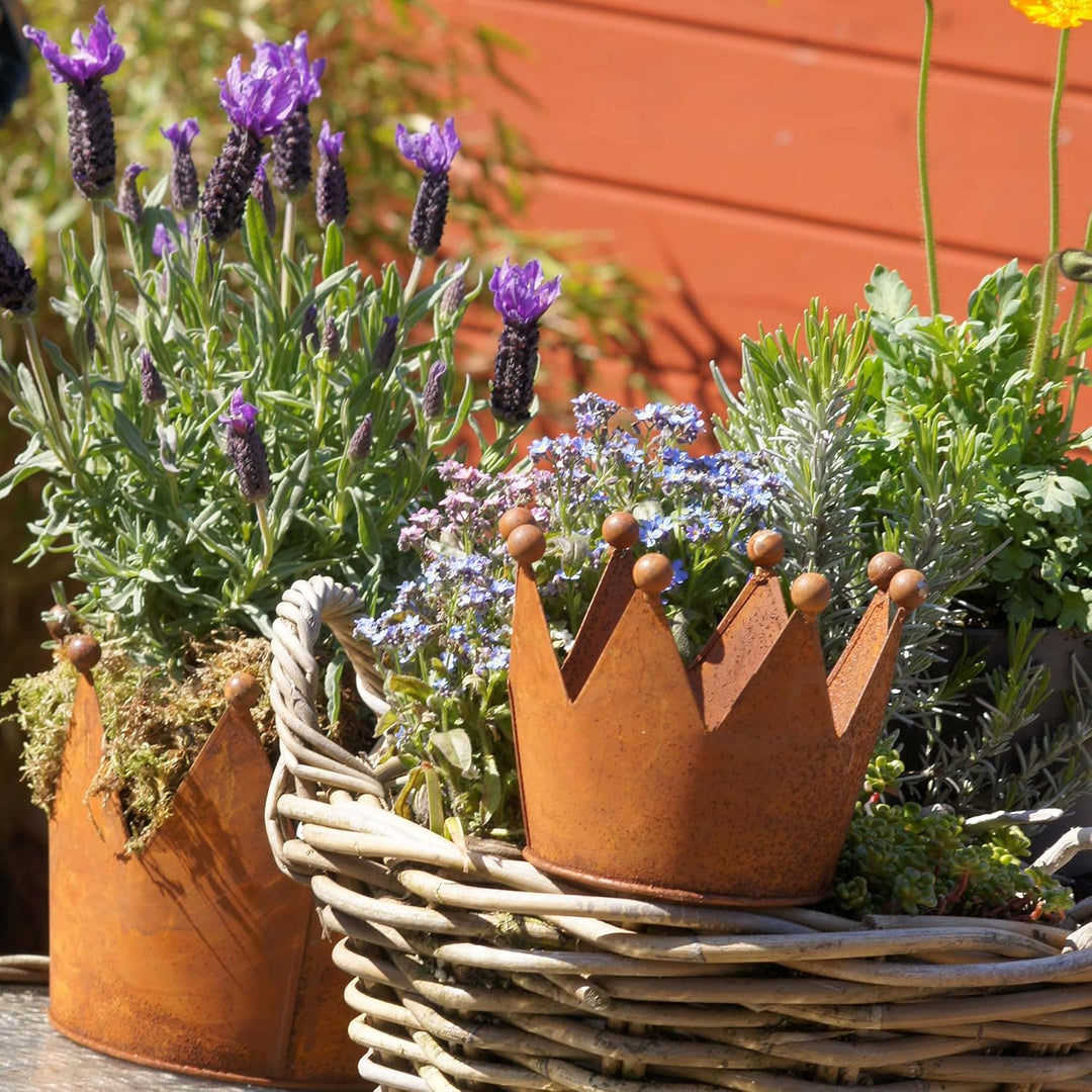 UNUS Krone Rost, Gartendeko Rostoptik, Edelrostrost Deko für Garten, Terrasse Balkon Blumentopf (3er