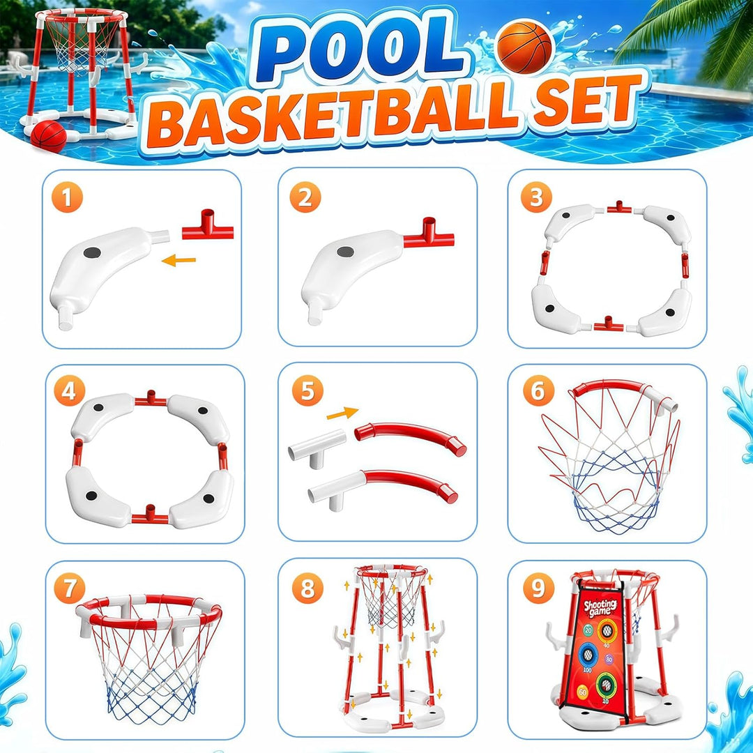 Sternstunde Pool Basketballkorb Kinder, wasserspielzeug Kinder mit 4 Basketball, 12 Wurfringen, 12 K