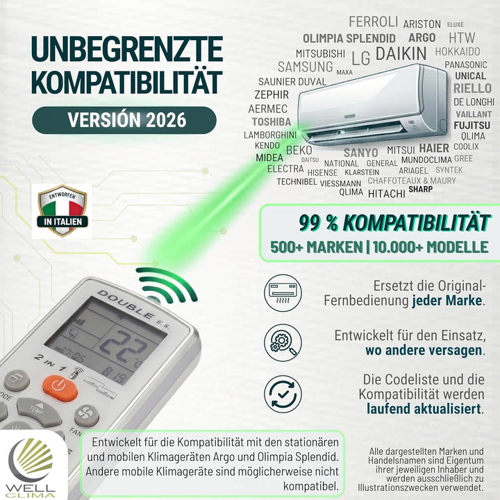 Wellclima Double E.S. Universal-Klimaanlagen-Fernbedienung, über 500 Marken kompatibel, integrierte
