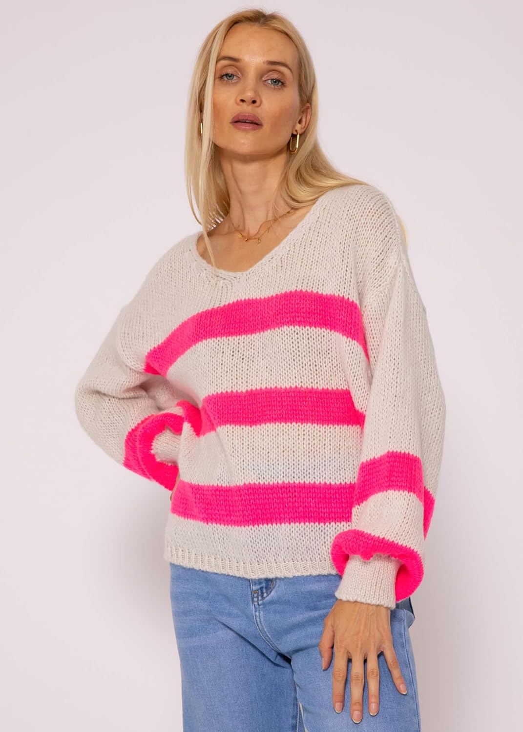 SASSYCLASSY Streifen Strickpullover Damen Oversize - Madie in Italy - grobmaschig V Ausschnitt Pulli