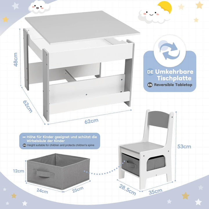 Yorbay Kindertisch mit 2 Stühle, Kindermöbel Set aus Holz mit Stauraum und Bücherregalen, 3 in 1 Mal