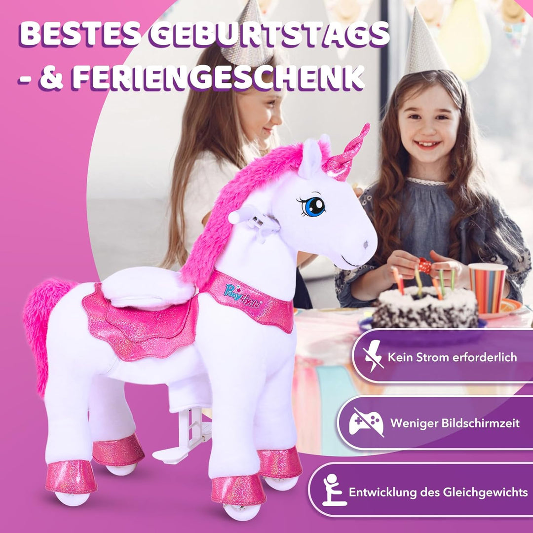 PonyCycle Einhorn auf Rollen, für Kinder 3–4 Jahre, 76cm Hoch, Einhorn zum reiten mit Handbremse, Ei