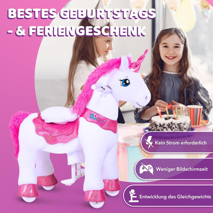 PonyCycle Einhorn auf Rollen, für Kinder 3–4 Jahre, 76cm Hoch, Einhorn zum reiten mit Handbremse, Ei