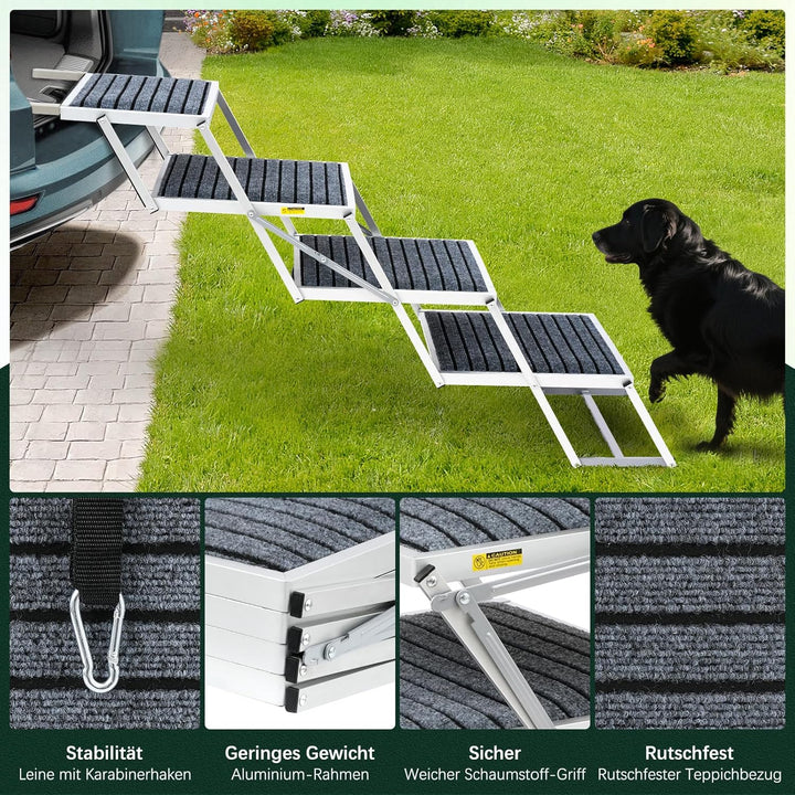 Hundetreppe Auto mit Teppich, Extra Breit 4 Stufen Hunderampe Auto Klappbar,Leichte Hunderampe Auto
