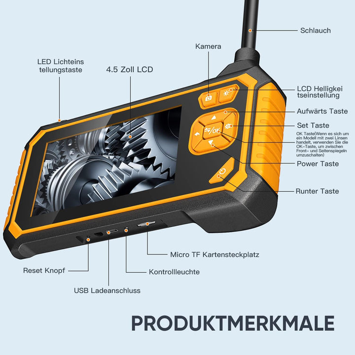 GLOSOLE Dual Kameras Endoskopkamera mit licht, 4.5 Zoll IPS Bildschirm 1080P HD Inspektionskamera In