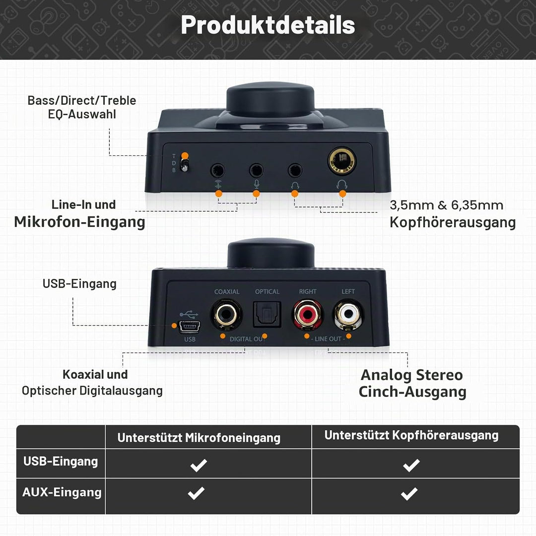 H1 USB-Gaming-DAC-Kopfhörer-Verstärker, Mini-Hi-Fi-Digital-zu-Analog-Verstärker, 3,5 mm/6,35 mm/Mic/