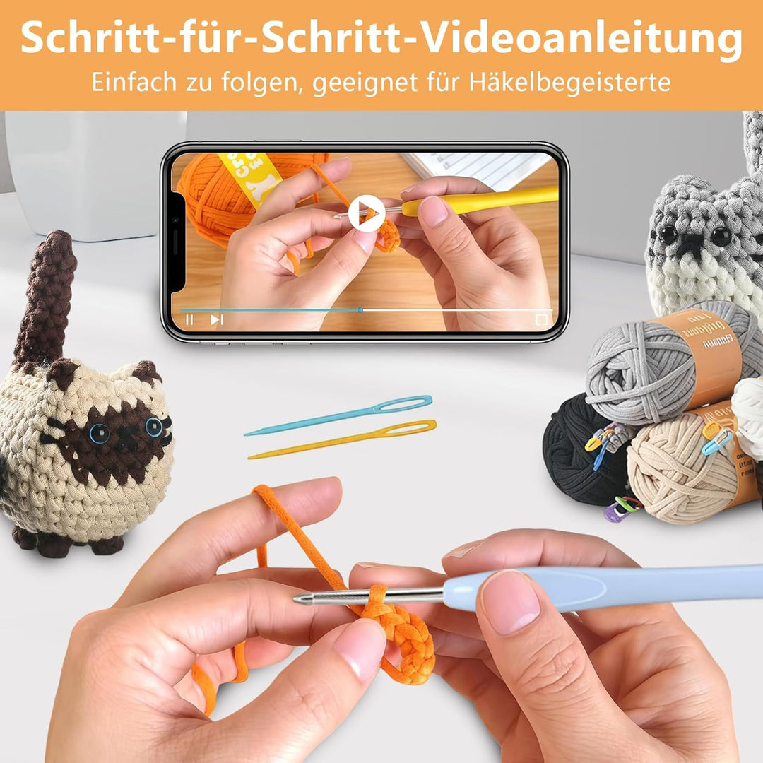 VZU Häkelset für Anfänger – 3 süsse Katzen, Komplettes Amigurumi Starter-Set mit Garn, Haken, Nadeln