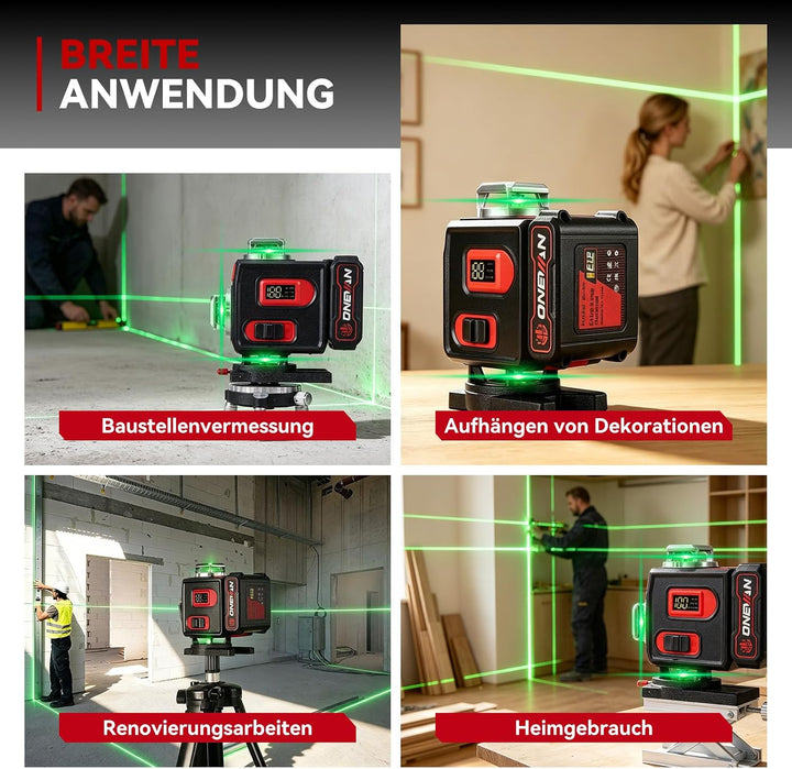 ONEVAN Kreuzlinienlaser mit Stativ, Selbstnivellierend, 360° 4D-Grünlaser | ±3° Selbstnivellierung,