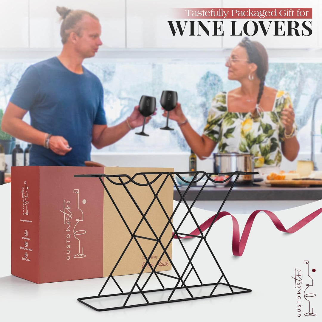 Gusto Nostro Kleines Weinregal Schwarz Metall mit Weinglashalter - Weinflaschenhalter für 8 Flaschen