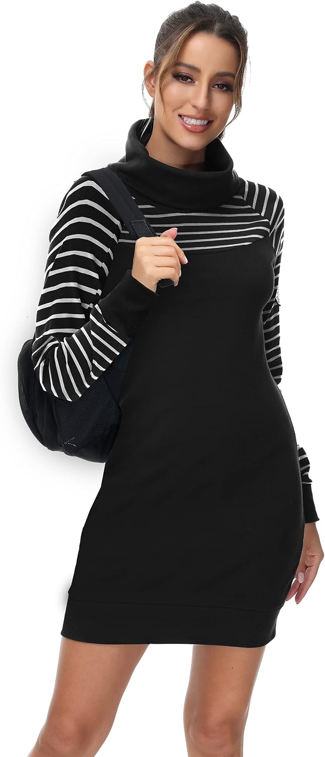 TrendiMax Damen Sweatshirt Langarm Hoodie Kleid Pulloverkleid Rollkragen Sweatkleid Kapuzenpulli Lan