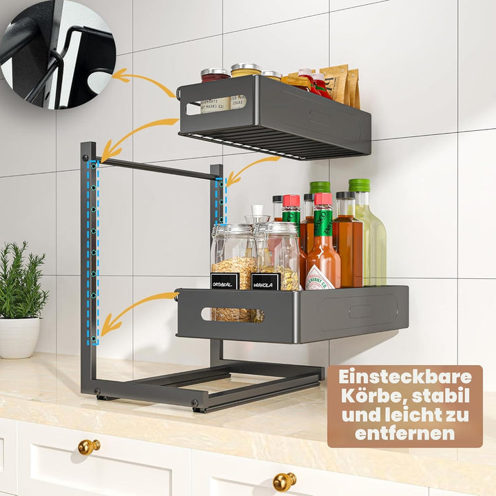 Küchenschrank Organizer 2 Etagen Spülschrank Organizer mit 4 Haken für Kitchen Bad Unter Waschbecken
