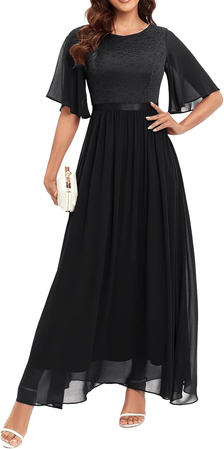 Bbonlinedress Abendkleider elegant für Hochzeit Spitzen Chiffon Ärmel Kleid festliches Brautjunferkl