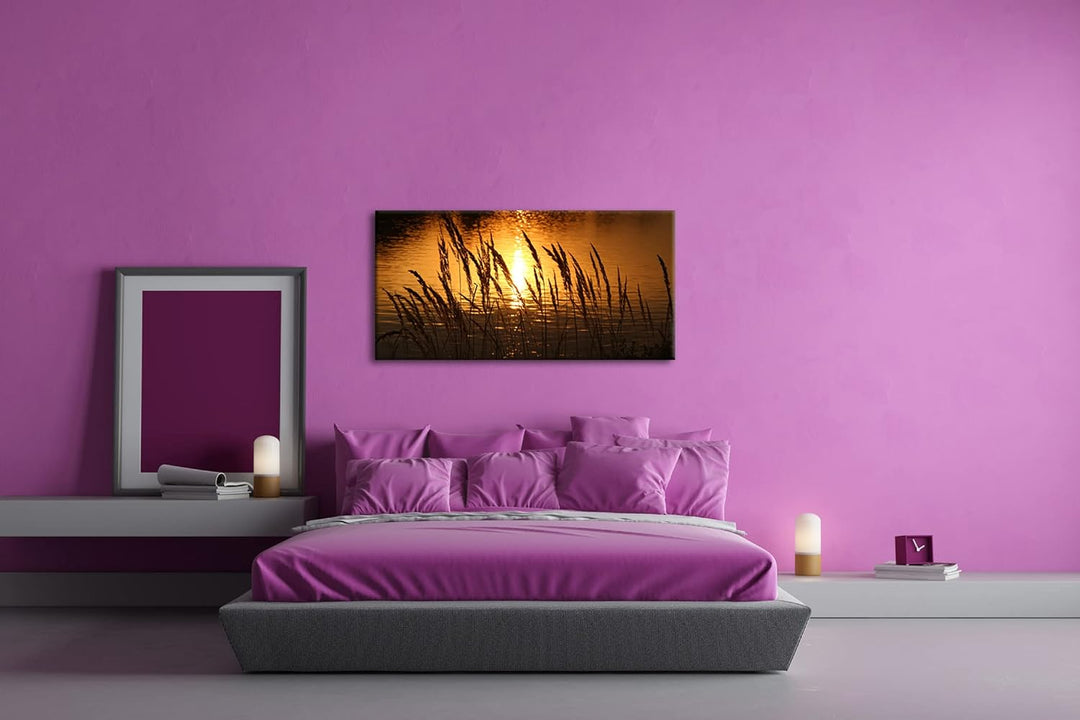 Gräser am Ufer eines Sees Panorama 100x50 cm als Leinwandbild, Motiv fertig gerahmt auf Echtholzrahm