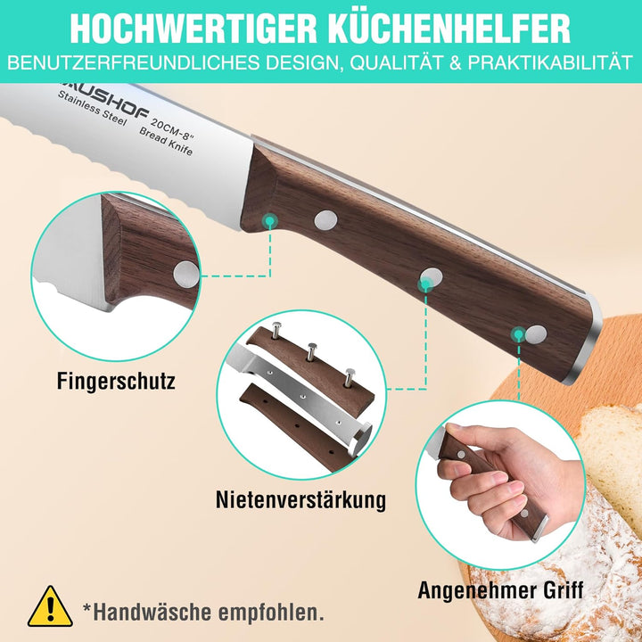 HAUSHOF Brotmesser mit Wellenschliff, Küchenmesser mit Holzgriff aus hochwertigem Edelstahl, Ultrasc