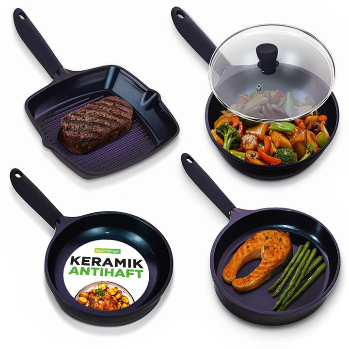 NutriChef Pfannenset 5-teilig – Grillpfanne, Wokpfanne, Bratpfanne 28 cm, Fischpfanne oval, Glasdeck