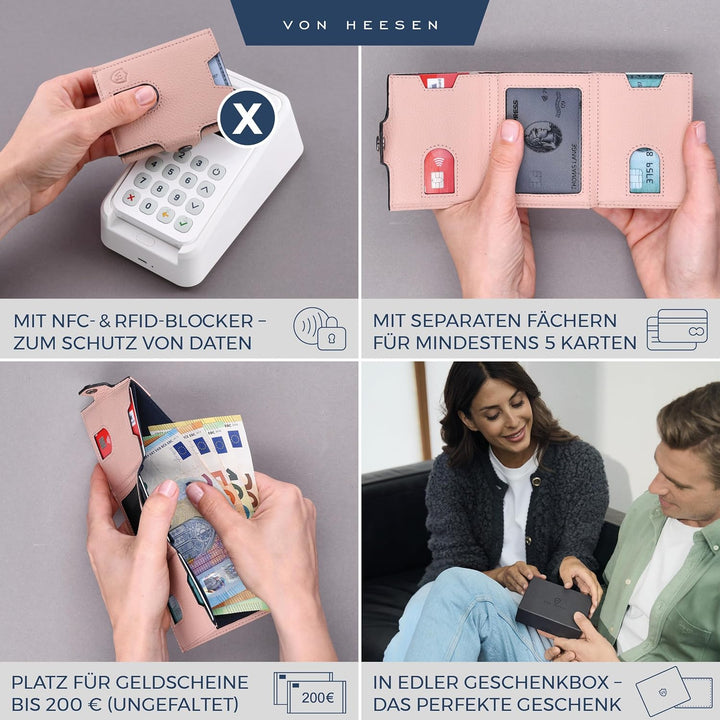 VON HEESEN Slim Wallet mit XXL Münzfach &amp; RFID-Schutz - Leder Geldbeutel - Mini Geldbörse für Herren