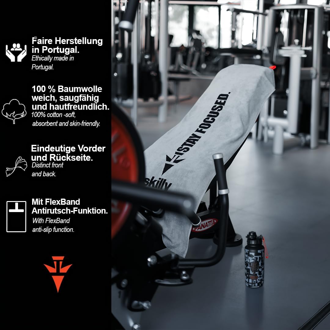 skilly Fitness Handtuch aus Baumwolle, 120x50cm mit Antirutsch-Funktion für das Training an Fitnessg