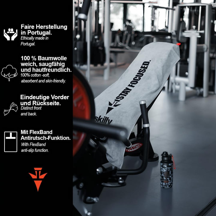 skilly Fitness Handtuch aus Baumwolle, 120x50cm mit Antirutsch-Funktion für das Training an Fitnessg