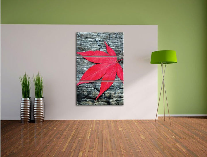 Pixxprint Blatt auf Holz Natur als Leinwandbild/Grösse: 3 Teilig (120x80) cm/Wandbild/Kunstdruck/fer