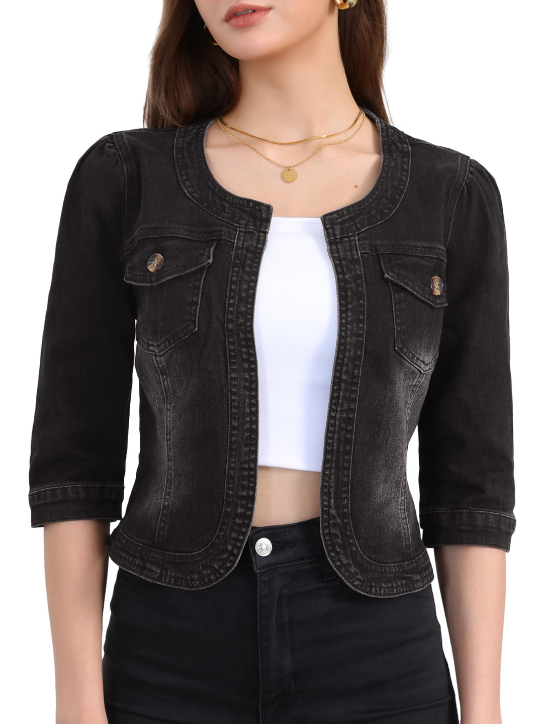 Allegra K Damen Jeansjacke 3/4 Ärmel Open Front Kragenlos Jacke mit Taschen XL Schwarz, XL Schwarz