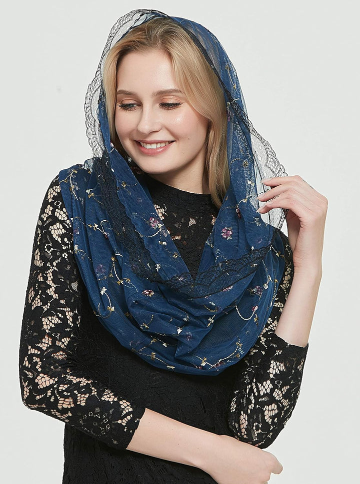 Orthodoxer Schleier Kopfbedeckung mit bestickten Blumen Katholische Kapelle Mantilla Schleier V50 Ma