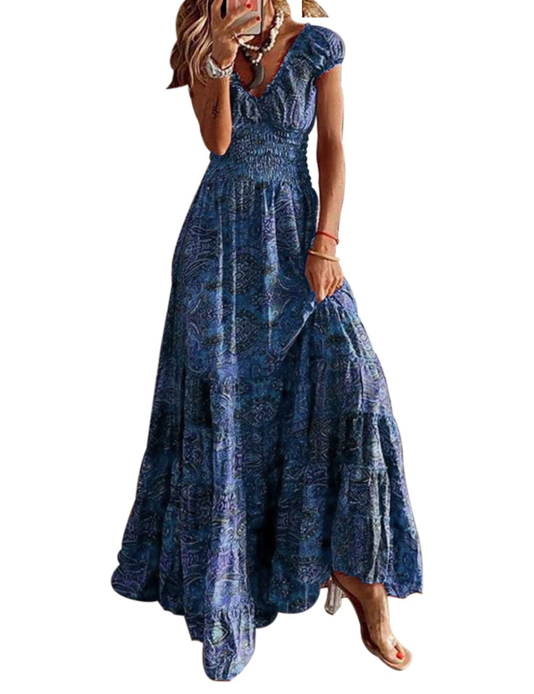ABYOVRT Sommer Kleider Damen Sommerkleid Boho Lang Kleider Böhmisch Blumen Strandkleid V-Ausschnitt