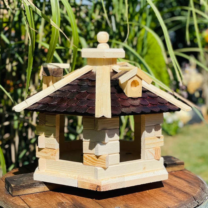 Sechseck Vogelhaus aus Holz L - XL Futterstelle mit und ohne Ständer handgefertigt (L ohne Ständer,