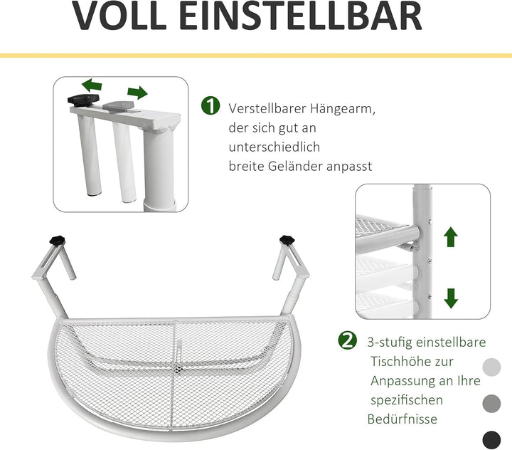 Outsunny Balkonhängetisch Hängetisch Gartentisch höhenverstellbar halbrund Ø30 cm Terrasse Metall We