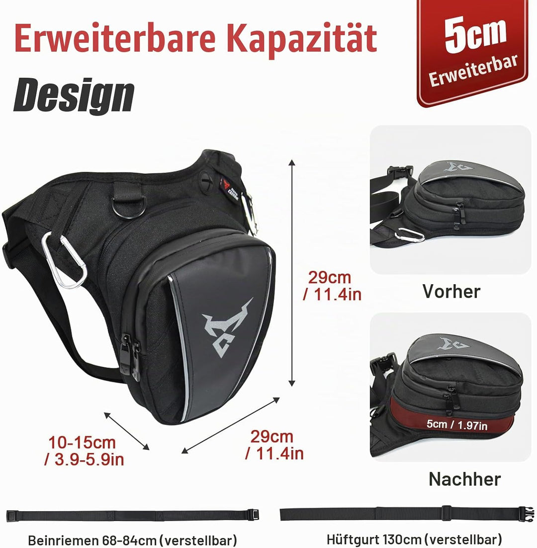 MIGHTYDUTY Motorrad Beintasche Herren Erweiterbar Oberschenkeltasche Hüfttaschen schwarz Gürteltasch