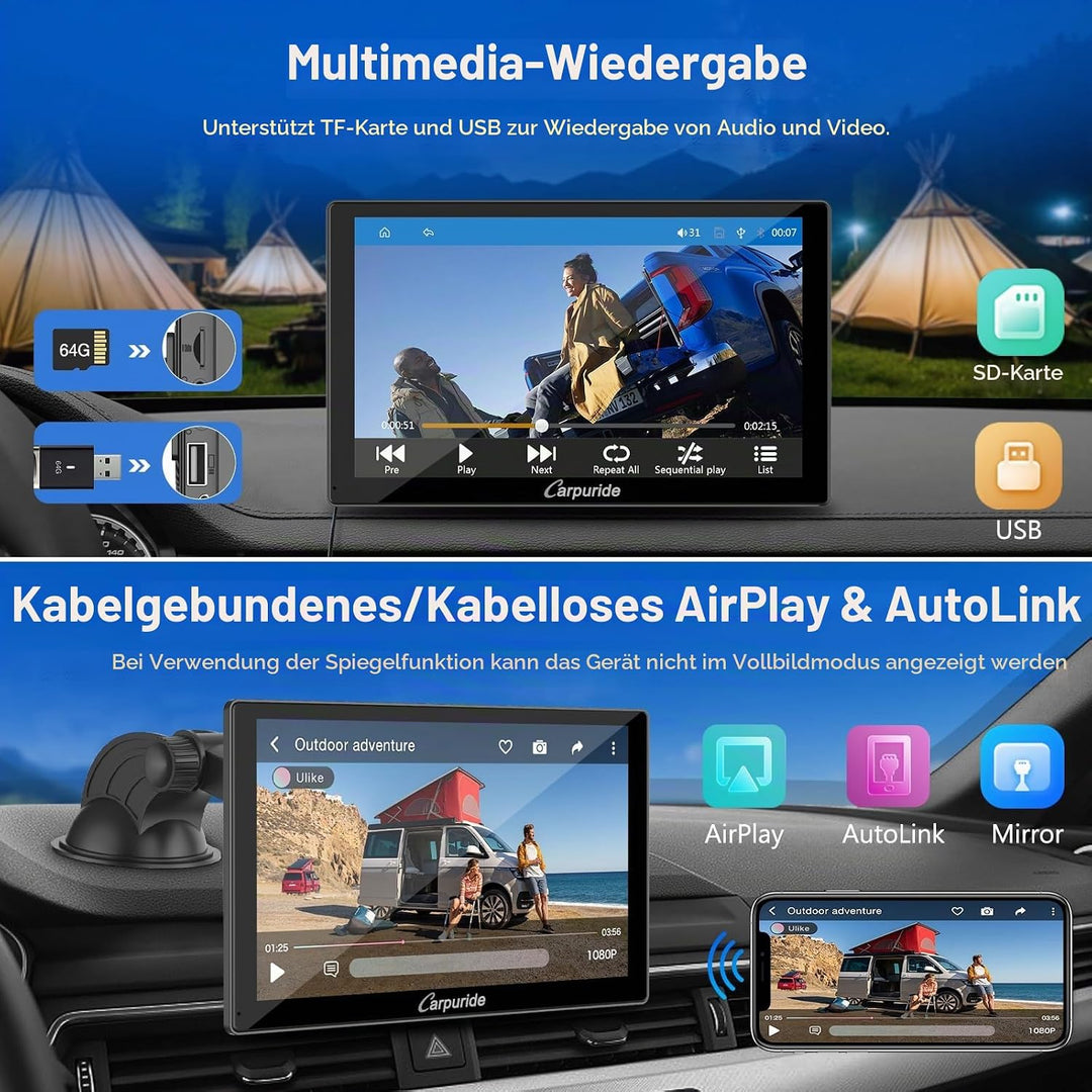 CARPURIDE C98 Kabelgebundenes/Kabelloses Carplay &amp; Android Auto Tragbares Autoradio, 9-Zoll-HD-Touch