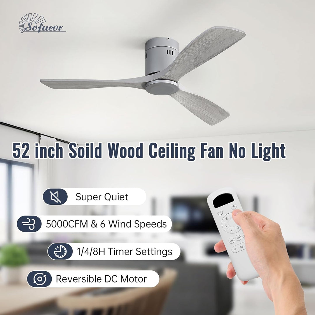Sofucor Deckenventilator mit Fernbedienung, Deckenventilator aus Massivholz mit 3 Holzlüfterblätter,