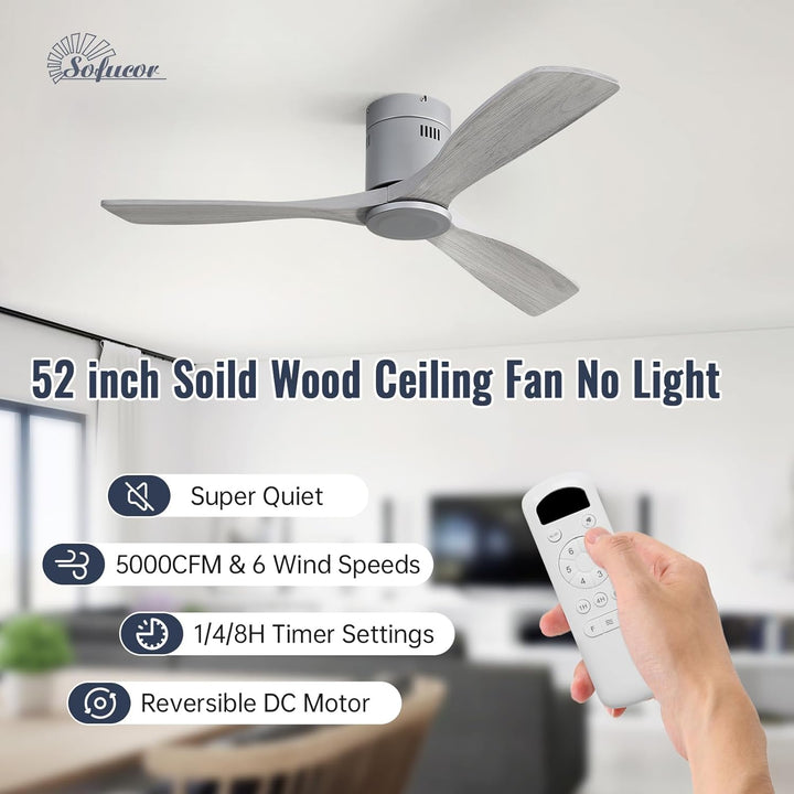 Sofucor Deckenventilator mit Fernbedienung, Deckenventilator aus Massivholz mit 3 Holzlüfterblätter,