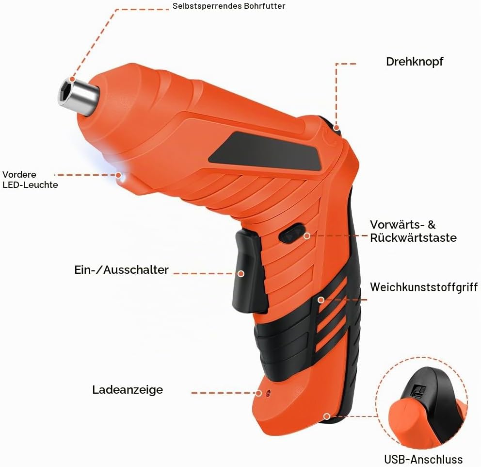 Orange - Elektroschrauber flintronic Akkuschrauber Klein, Mini Akkuschrauber con LED-Licht, 1300mAh