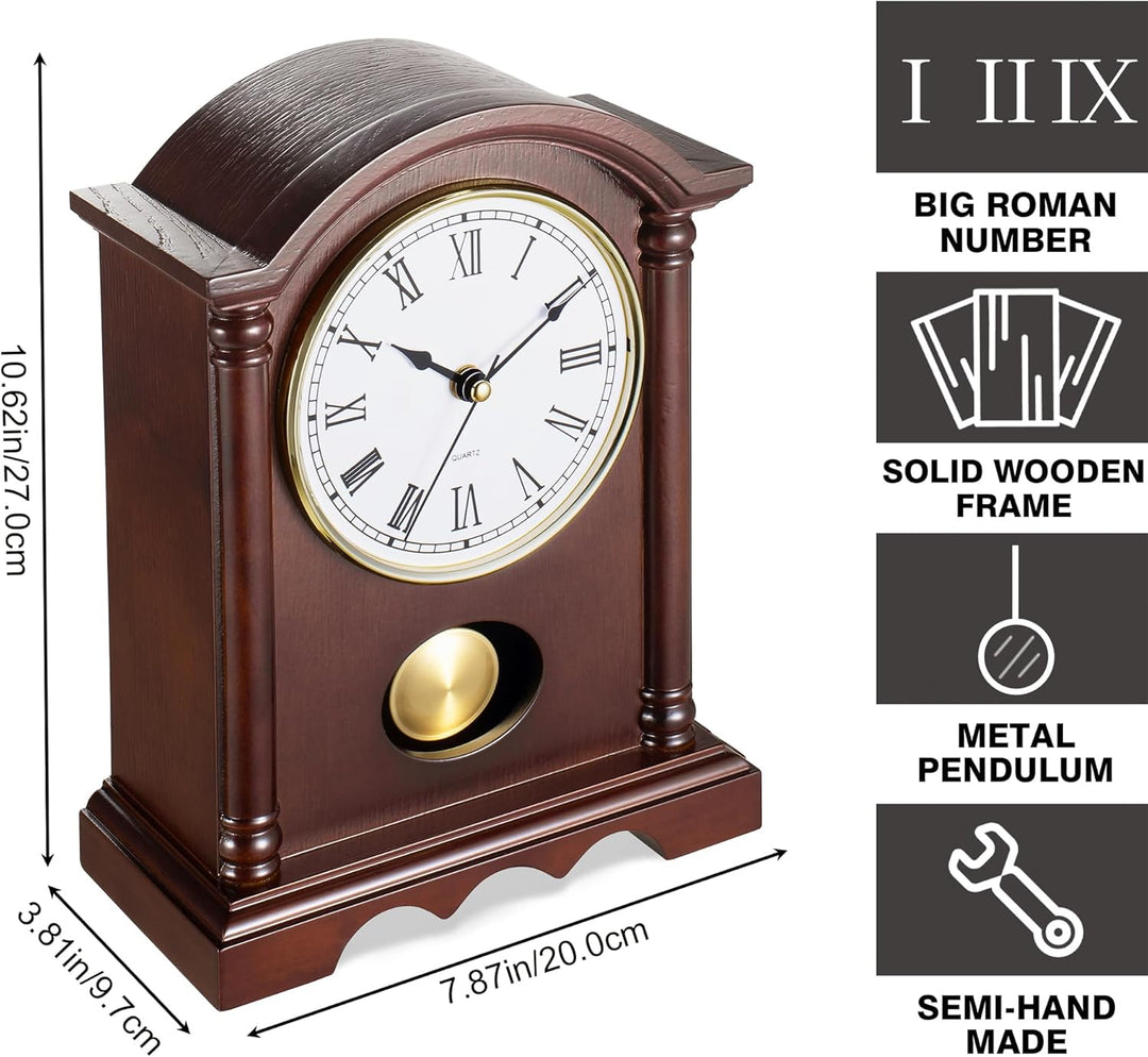 Klassische Kaminuhr – Elegante Tischuhr im Holzdesign mit goldfarbenem Pendel, Vintage Standuhr für