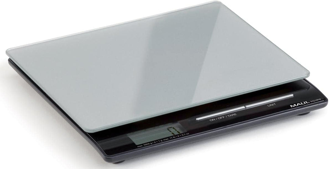 Maul Briefwaage MAULsquare, Küchenwaage Glasoberfläche 18 x 15 cm, Inklusive Batterie, 5000 g, Silbe
