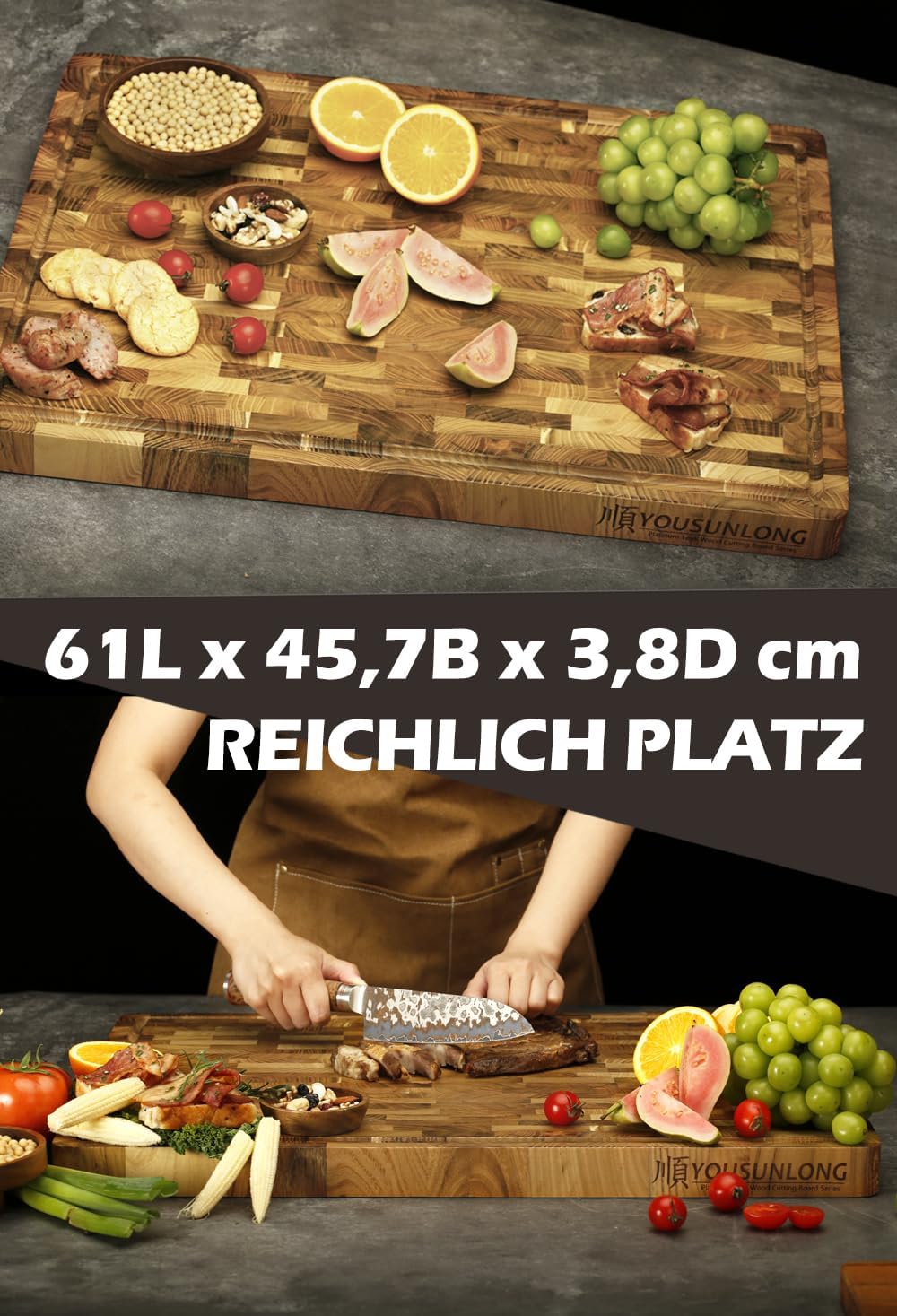 YOUSUNLONG Schneidebrett - XXL Grosses End-Grain Teakholz Fleischer-Block - 61L x 46B x 3,8D cm - Sc