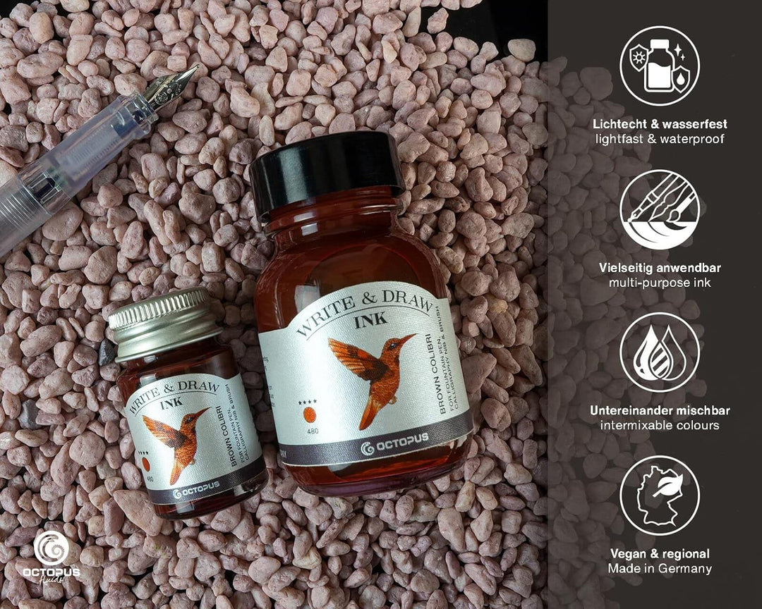 Octopus Write and Draw Ink 480 Brown Colibri, wasserfeste Tinte zum Schreiben und Zeichnen, Kalligra