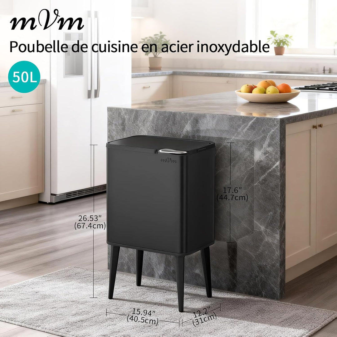 mVm Küchen &amp; Büromülleimer 50L, Edelstahl, Rechteckig, Mit Deckel &amp; Geruchsfilter, Sanftschliessend
