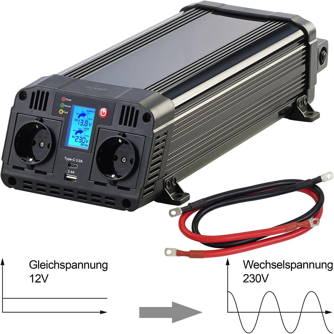 revolt Sinus Wechselrichter: 12-V-Wechselrichter auf 230 Volt, USB-A und -C, 1.500 Watt, Sinuswelle