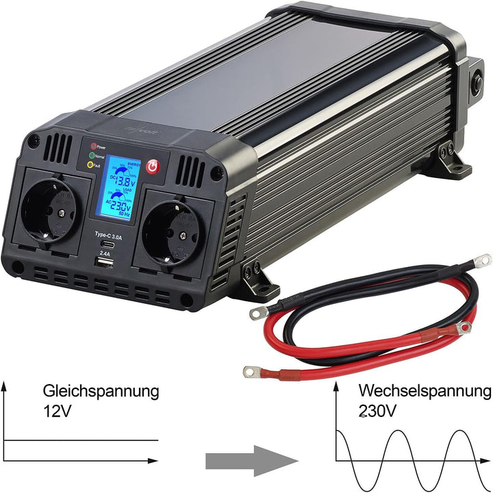 revolt Sinus Wechselrichter: 12-V-Wechselrichter auf 230 Volt, USB-A und -C, 1.500 Watt, Sinuswelle