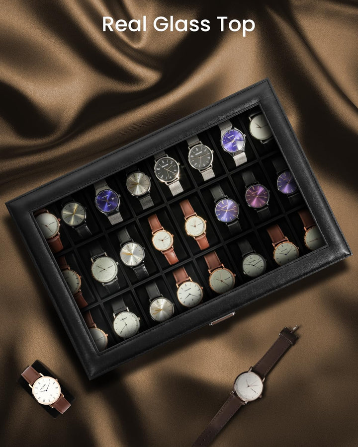 Uten Uhrenbox mit 24 Fächern, Uhrenbox mit Schlüsselschloss, Glasabdeckung, Uhrendisplay Aufbewahrun
