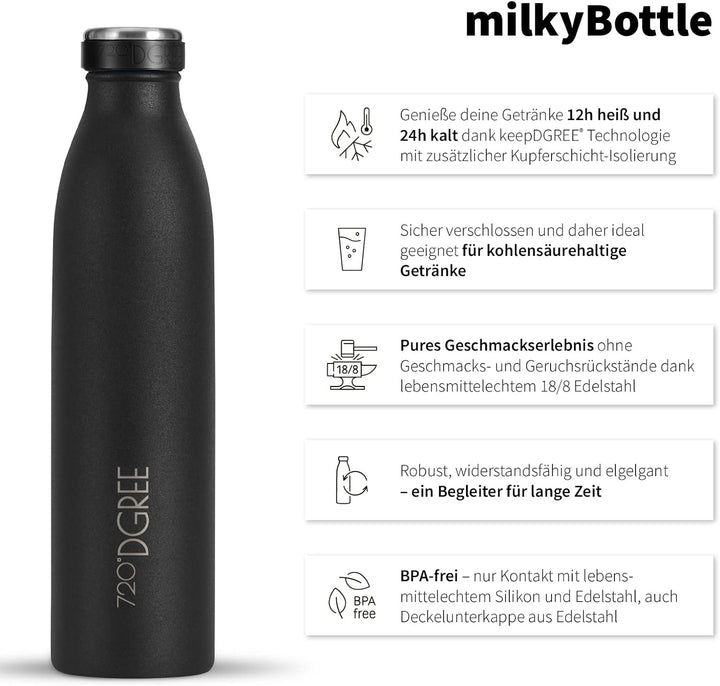720°DGREE Edelstahl Trinkflasche “milkyBottle” - 350ml, 500ml, 750ml, 1L - BPA-Frei, Auslaufsicher,