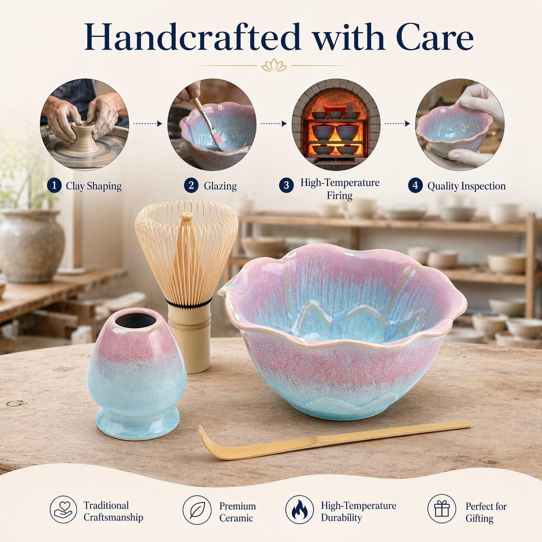 Matcha Set 5-teilig, Matcha Schale mit Ausgiesser in Blumenform Blau Rosa, Chasen, Bambusbesen, Chas